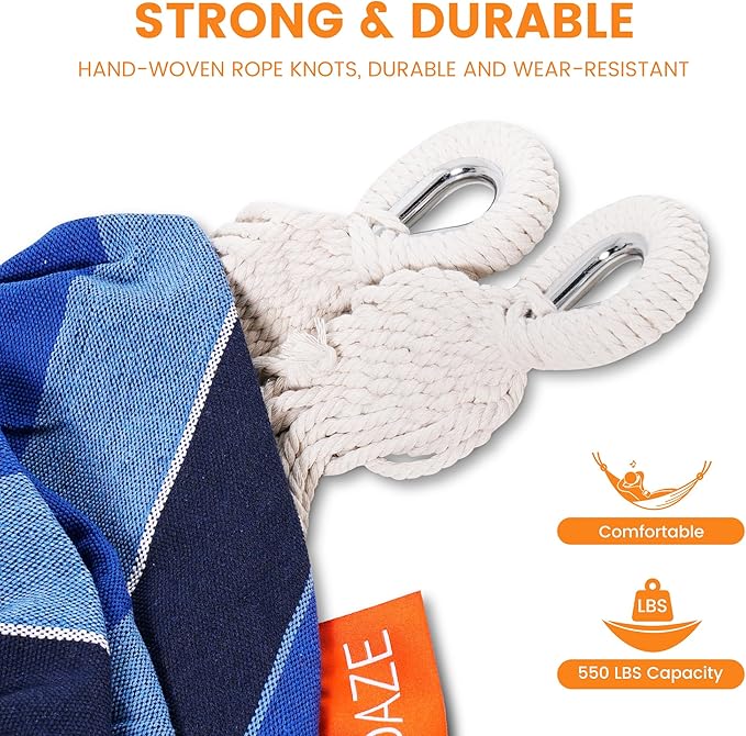 Lazy Daze Hammocks Double Brazilian Cotton Hammock, Extra Large Portable Outdoor Camping Hammock with Tree Straps & Travel Bag for Backyard Patio Poolside Indoor, 550lbs Capacity, Blue