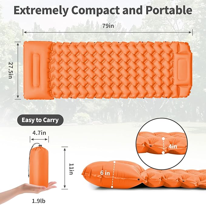 Sleeping Pad for Camping - 4” Thick Inflatable Camping Mat with Built-in Pump & Pillow, Ultralight Self Inflating Camping pad, Backpacking Sleeping Mat for Hiking, Tent, Traveling