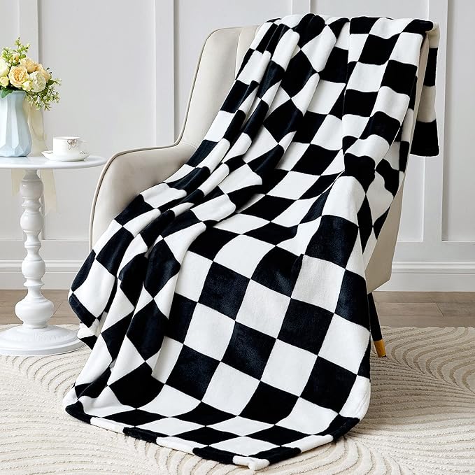 BEDELITE Checkered Twin Blanket for Couch Bed, Soft & Cozy Fleece Flannel Blanket with Checkerboard Grid Home Decor, Checkered Black, 60x80 Inches