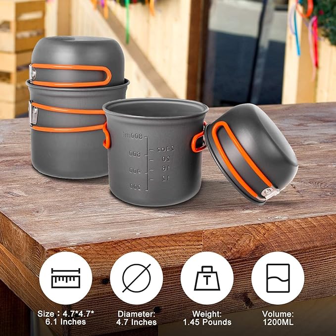 Camping Cookware Set, Portable Camping Mess Kit with Non-Stick Pots, Pans Set and Folding Fork, Lightweight Backpacking cookware Cooking Set for Outdoor/Camping/Hiking/Picnic