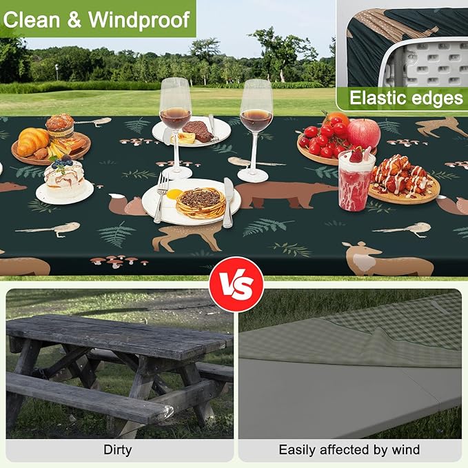 Picnic Table Cover with Bench Covers Portable Table Cloth Built-in Storage Pocket Fitted Tablecloth with Elastic Edges Waterproof Camping Essentials for Indoor Outdoor Rv,72in,Dark Green