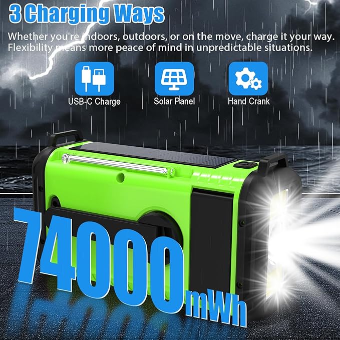 20000mAh Solar Hand Crank Emergency Radio, NOAA Portable Emergency AM/FM Radio with LED Flashlight Reading Lamp SOS Alarm USB-C Cell Phone Charger for Hurricane Survival