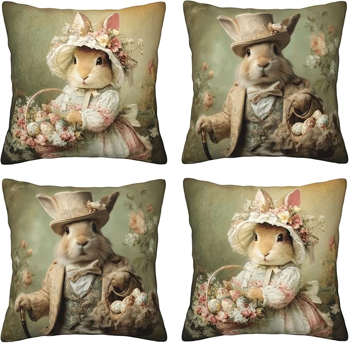 Easter Bunny Throw Pillow Covers 18 X 18 Inch Set of 4 Decorative Cushion Cover Home Decor for Sofa Chair Couch Bedroom Living Room