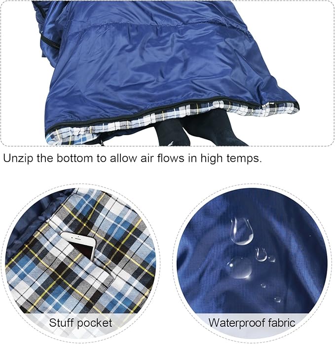 REDCAMP Flannel Sleeping Bag for Adults, Comfortable Cotton Sleeping Bags for Camping with Detachable Hood, Red/Grey/Blue/Black