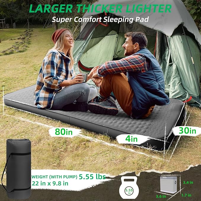 Self Inflating Sleeping Pad with Electric Pump, 3.15" Ultra-Thick Memory Foam Camping Sleeping Mat with Pillow, 9.5 R-Value Insulated Camping Pad Mattress for Travel Car Tent (Grey-4Inches)