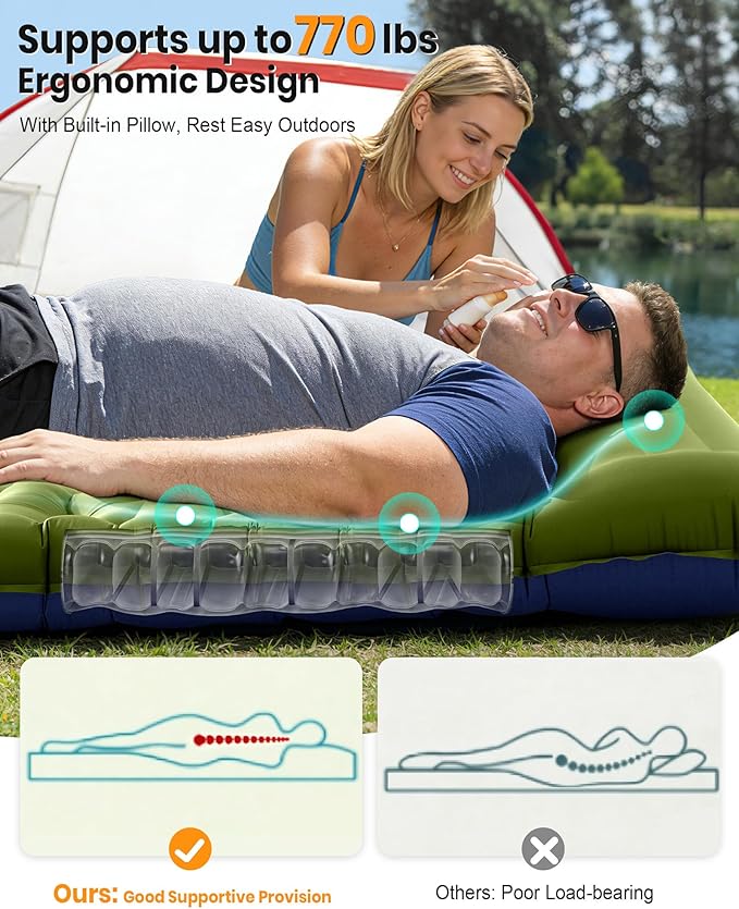 Double Sleeping Pad for Camping, 5.9 Inch Thick Self Inflating Sleeping Mat for Camping with Built in Pillow and Foot Pump, 2 Person Camping Mattress for Backpacking Hiking