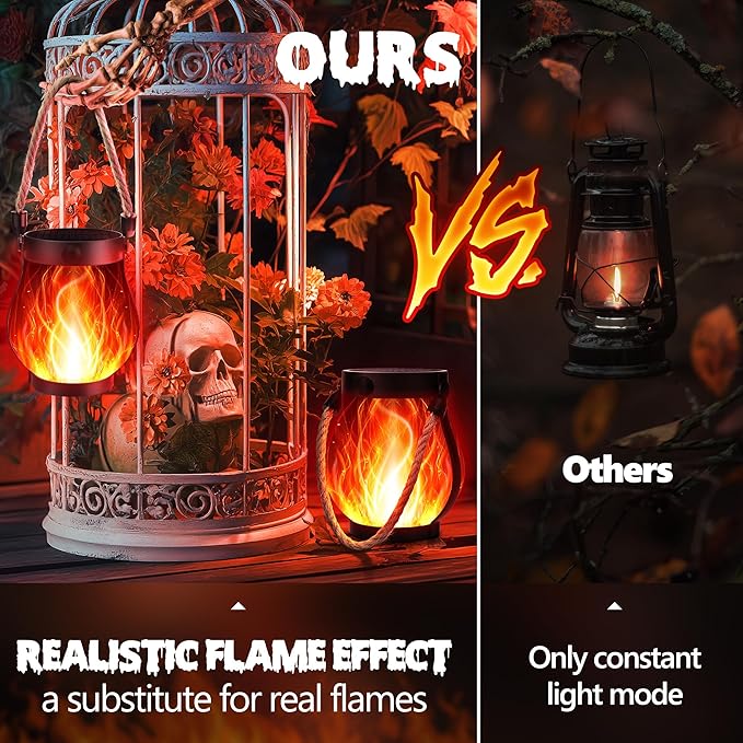 iBaycon 1 Pack Solar Lanterns Lights, Halloween Flickering Flame Garden Lights with 2 Modes Dual Charging USB & Solar, Outdoor Waterproof Hanging Lantern for Party Holiday Halloween Decor (Red)