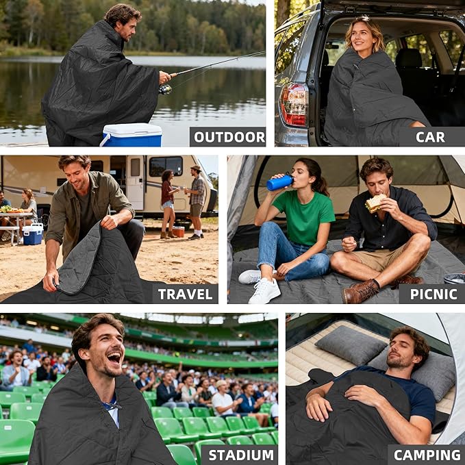 Large Outdoor Waterproof Blanket Extra Thick Fleece Stadium Blanket for Camping, Car, Pet, Picnics - Windproof, Wearable, Machine Washable 80" x 58" (Black Gray)
