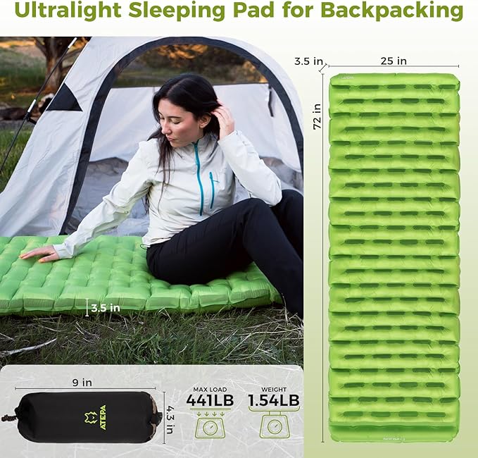 ATEPA ThermAir Backpacking Inflatable Sleeping Pad, 6 R-Value Insulated Ultralight Portable Camping Pad Sleeping Mat with 7 Layers & Storage Bag for Camping Backpacking Tent, Wide Long Size (72"x25")