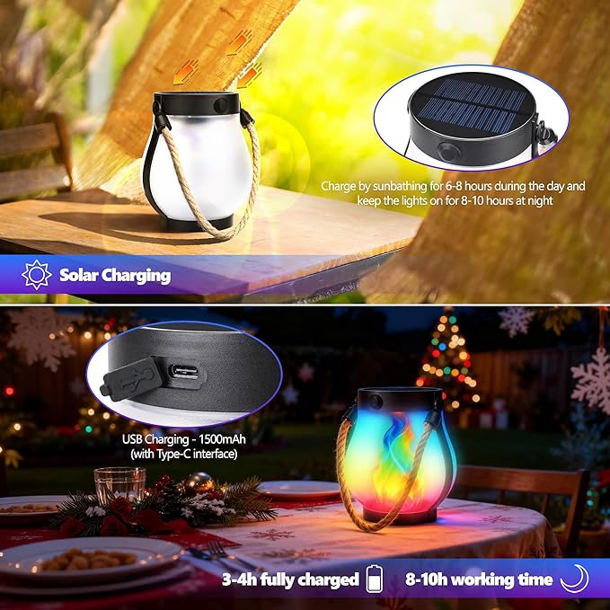 iBaycon 2 Pack Solar Lanterns Lights, Christmas Flickering Flame Garden Lights with 2 Modes Dual Charging USB & Solar, Outdoor Waterproof Hanging Lantern for Holiday Christmas Decor (Multicolor)