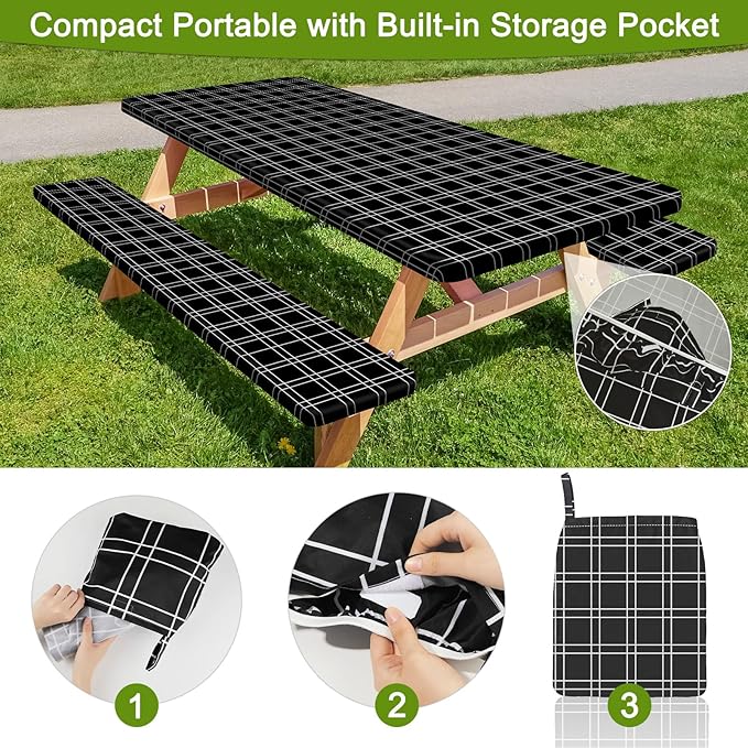 Picnic Table Cover with Bench Covers Portable Table Cloth Built-in Storage Pocket Fitted Tablecloth with Elastic Edges Waterproof Camping Essentials for Indoor Outdoor Rv,96in,Black