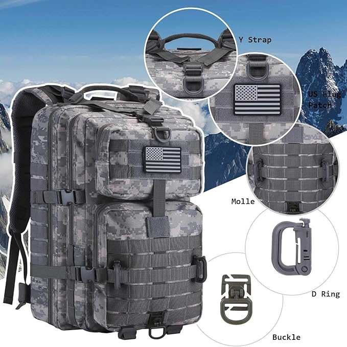 Hannibal Tactical MOLLE Assault Backpack, Tactical Backpack Army Military Camping Rucksack, 3-Day Pack Travel Trip w/USA Flag Patch, D-Rings, ACU Camo