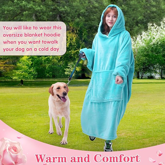 Waitu Wearable Blanket Sweatshirt for Women and Men, Super Warm and Cozy Giant Blanket Hoodie, Thick Flannel Blanket with Sleeves and Giant Pocket - Cyan