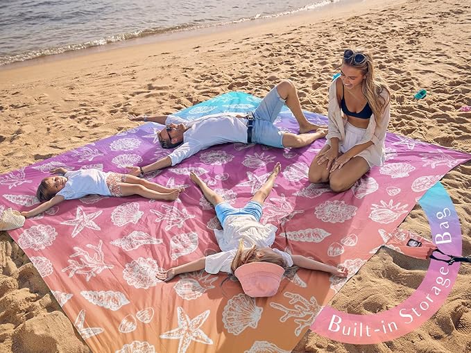 WEKAPO Beach Blanket Waterproof Sandproof Oversized, Extra Large Beach Mat Sand Free, Lightweight & Compact Sand Free Mat with 5 Stakes & 4 Corner Pockets