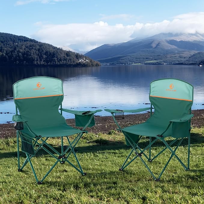 HIGH POINT SPORTS 2 Pack Portable Camping Chair for Adults, Folding Outdoor Camp Chair Lightweight Lawn Chairs Folding Collapsible Chair for Camping, Tailgates, Beach, Green, Support 350lbs