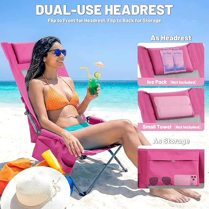 Youtanic High Back Beach Camping Chair 2 Pack, Extra Wide Folding Outdoor Chair with Cooler Bag, Breathable Mesh & Dual-Use Pillow, Portable Lounge Seat for Adults, Sand, Sports, Picnic, Pink