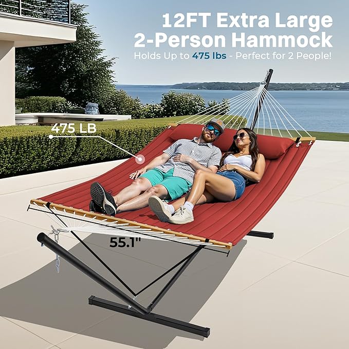 SUPERJARE Hammock with Stand, 2 Person Quilted Outdoor Hammock, Detachable Pillow & Bamboo Spreaders, Portable Hammock with Carrying Bag, Heavy Duty Stand, Perfect for Outside, Patio, Burgundy