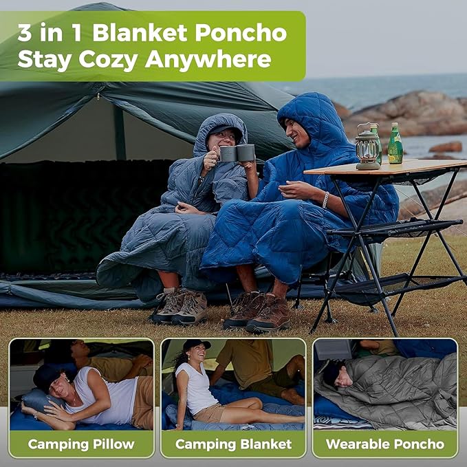 ATEPA Wearable Sleeping Bag, Recycled Water-Resistant Camping Blanket Poncho, Ultralight Packable Stadium Blanket for Outdoor