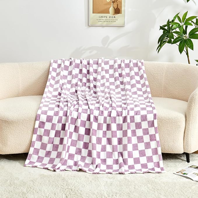 Edenleaf Checkered Blanket Flannel Throw Blankets Soft Cozy Checkered Grid Print Chessboard Gingham Pattern Throws for Bed Sofa Couch for All Seasons, 60x80 Inch, Purple