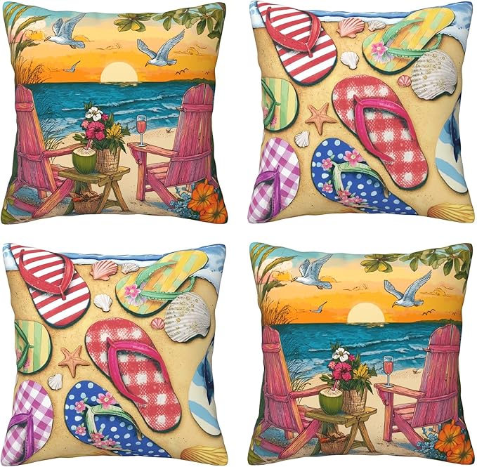 Summer Coastal Throw Pillow Covers 18 X 18 Inch Set of 4 Decorative Cushion Cover Home Decor for Sofa Chair Couch Bedroom Living Room