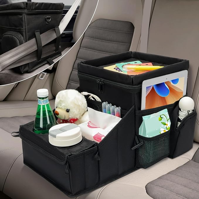 Car organizer for kids ，Backseat Organizer for Kids and Passenger Seat Organizer for Adults ，Car Seat Cooler and Warmer with Cup Holders and Convertible Tray Lid(Black)
