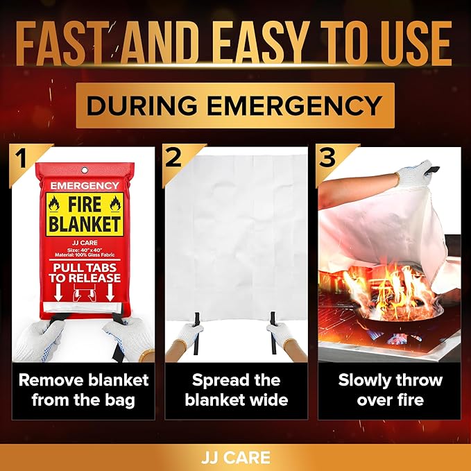 JJ CARE Fire Blanket – 5 Packs with Hooks and Gloves – 40" x 40" Emergency Fire Blanket for Home & Kitchen, High Heat Resistant Fire Suppression Blankets for Home Safety, Kitchen, and Camping