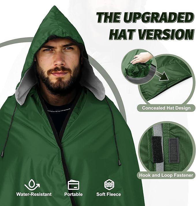 Fleece Waterproof Outdoor Blanket - Windproof Stadium Blanket for Camping, Picnics, and Sports Stay Dry and Comfortable 80"x 58"(Hoodeed, Green)
