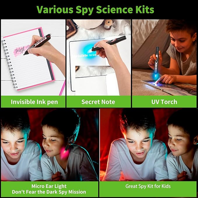 Kids Night Vision Goggles Spy Kit, 4 Pcs Spy Gear Toys Set, Cool Night Mission Goggles with Flip-Out Light/Invisible Ink Pen/Ear Light/Frisbee Shooter, Gifts for Kids 5-12 Boys Girls