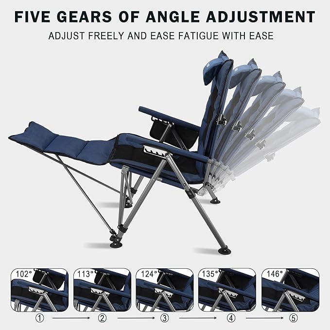 Folding Camping Chair for adults-3-in-1 Heavy Duty Foldable Camp Chair with Detachable Footstool, Padded Pillow, Cup Holder & Carry Bag,5-Speed Adjustable,400 LBS Capacity