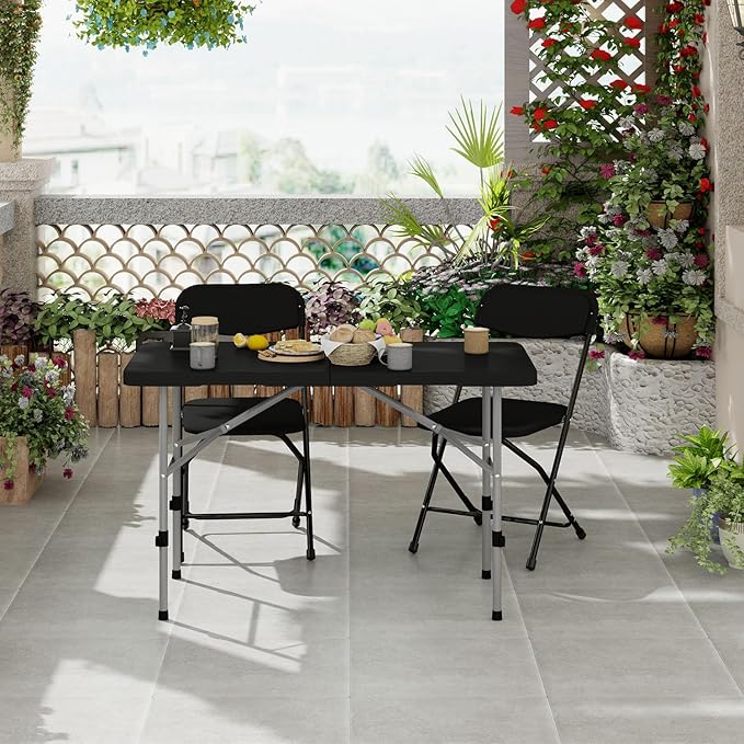 OS MOTOR 4ft Folding Table with Carry Handle, Portable Heavy Duty Plastic Utility Table with Steel Legs for Party, Wedding, Camping, Indoor, Outdoor Event, 48 Inch, Black