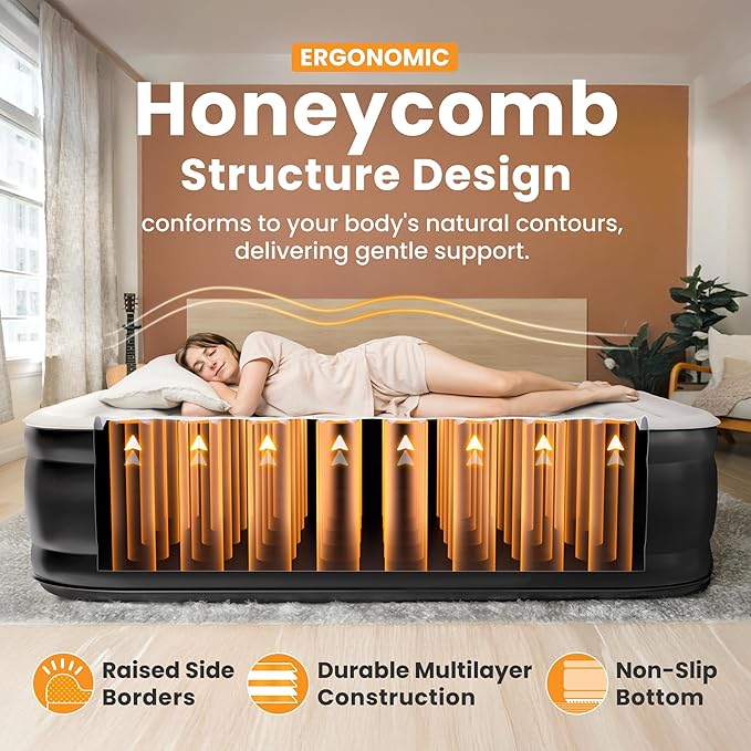 Dr. air Full Air Mattress with Built-in Pump, 18" Raised Blow Up Mattress, 600 lbs Max Honeycomb Air Bed, 48Hr Leak-Proof Test, 3min Inflatable Mattress for Home, Guests, Camping, Colchones inflables