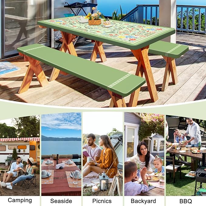 Picnic Table Cover with Bench Covers Portable Table Cloth Built-in Storage Pocket Fitted Tablecloth with Elastic Edges Waterproof Camping Essentials for Indoor Outdoor Rv,72in,DarkSeaGreen