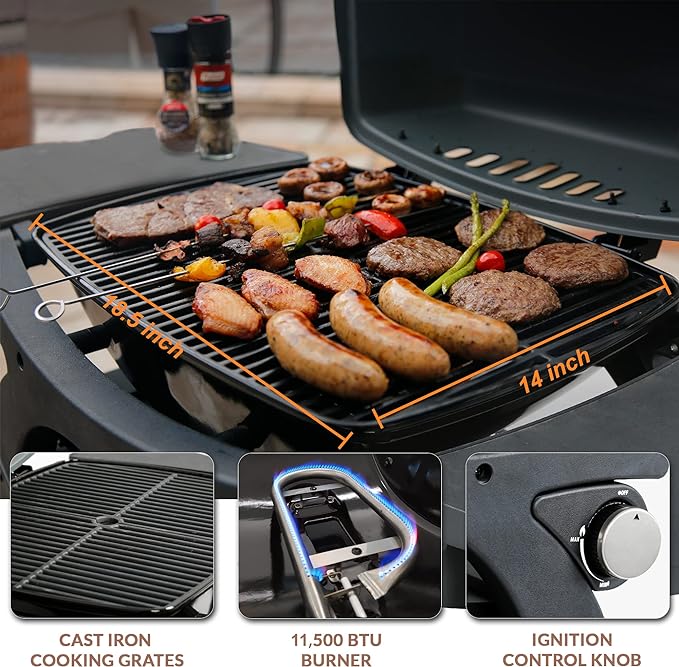MASTER COOK Single Burner Propane Gas Grill, 11,500 BTU Portable Tabletop Barbecue Grill with Cart for Patio, Camping, Travel