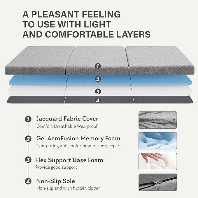 MLILY Tri-Fold Memory Foam Mattress Topper, 4 inch King Folding Mattress with Collapsible and Washable Cover, Travel and Guest Mat, 80"×76"×4", Grey