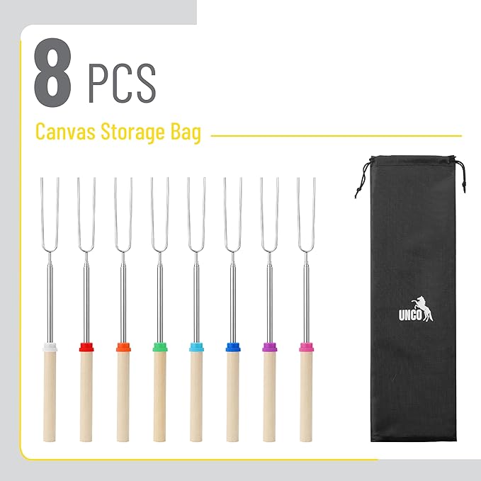 UNCO- Marshmallow Roasting Sticks with Bag, 32”, 8 Pack, Extendable Stainless Steel Smores Sticks for Fire Pit, Smores Skewers, Campfire Cooking Equipment