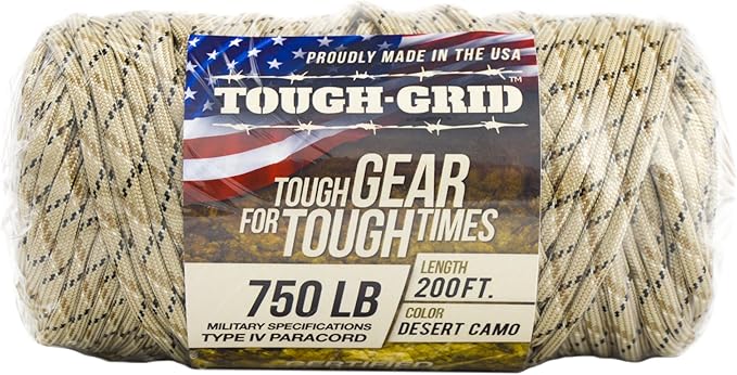 TOUGH-GRID 750 Paracord Military Grade Nylon Rope - Type IV Mil-Spec Made in USA - Tactical Survival Cord