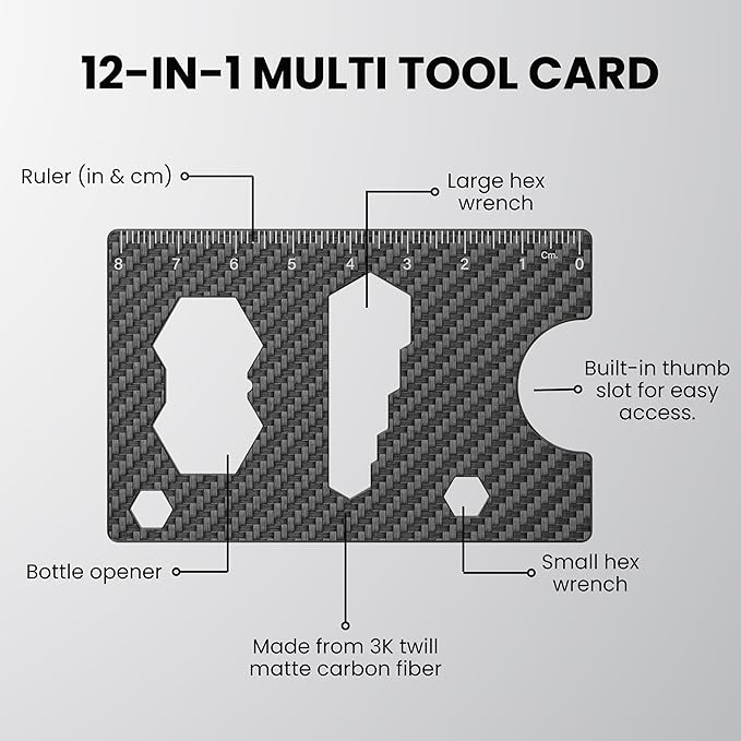 Code 118 Multi-Tool Card - 12-in-1 Credit Card Multitool with Bottle Opener, Ruler (In & CM) and 8 Wrench Sizes - Slim Survival Multipurpose Tool, Wallet not Included (Carbon Fiber)