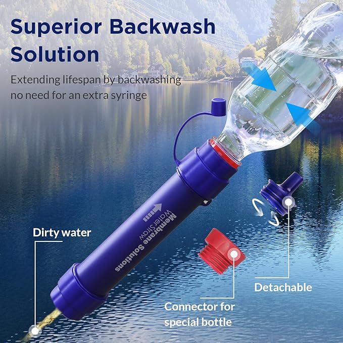 Membrane Solutions Upgrade 5 Stage Blue Water Filter Straw 6 Pack and Gravity Water Filter Pro 6L, 0.1-Micron Versatile Water Purifier Survival Gear and Equipment for Group Camping Emergency