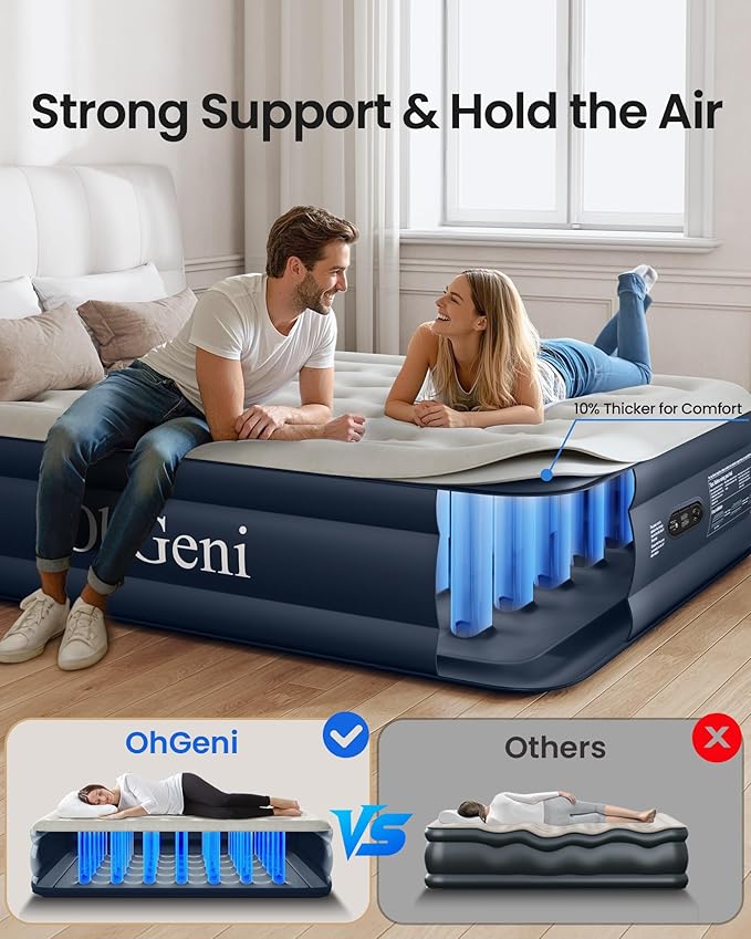 OhGeni Air Mattress Queen with Built in Pump, Ideal Alternative to a Bed, Blow Up Colchones Inflables Mattress for Guests, Portable Air Mattresses, 18" Raised Elevated Air Bed for Camping, Dark Blue