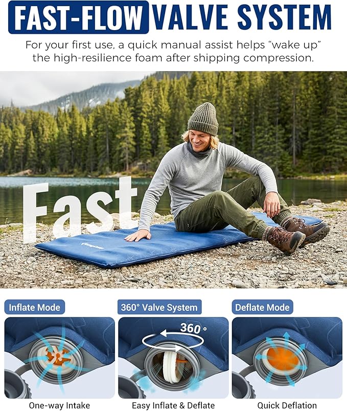KingCamp Sleeping Pad for Camping, Rollover Prevention Self Inflating Sleeping Pad Camping Mattress Foam Mat with Butterfly Edge Cut for Outdoor & Indoor, Tent Cot Car Backpacking, PVC Free