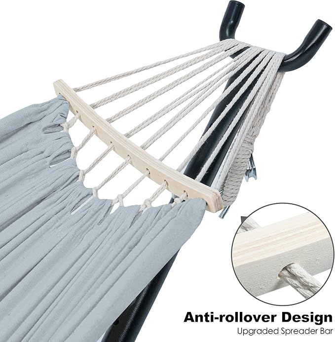Gafete Double Hammock with Stand for Outside, Upgraded Spreader Bar, Heavy Duty Space Saving Steel Stand 2 Person, Side Pockets, Easy Assembly, 600lbs Weight Capacity, Indoor & Outdoor (Light Grey)