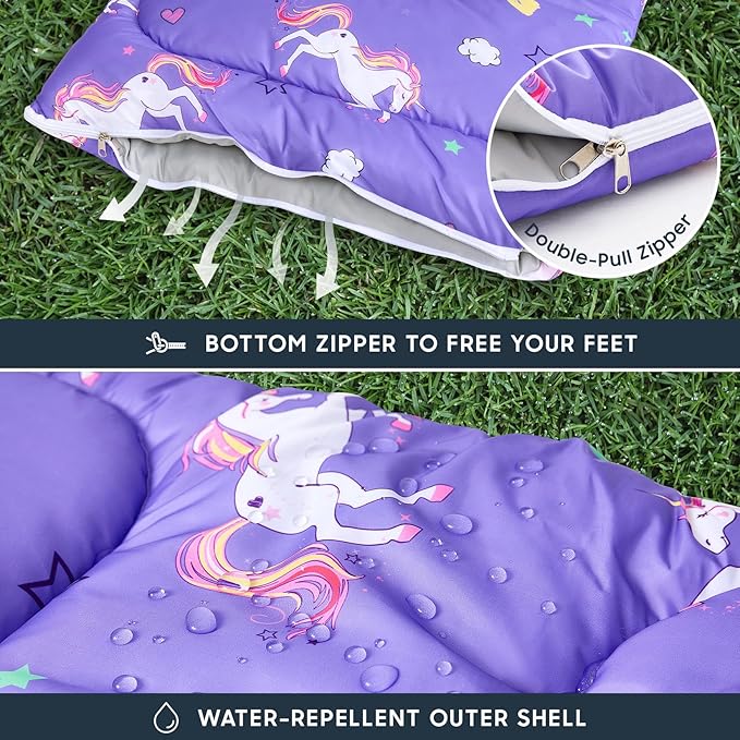 Wake In Cloud - Kids Sleeping Bag for Girls Toddlers, Camping in Warm Cold Weather, Backpacking Lightweight Compact Outdoor Liner for 3 Seasons, Unicorns Stars Hearts