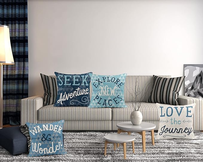 Set of 4 Linen Throw Pillow Cover Seek Adventure Explore New Places Wander Wonder Love Journey Decorative Pillow Cases Covers Home Decor Square 18 x 18 Inches Pillowcases