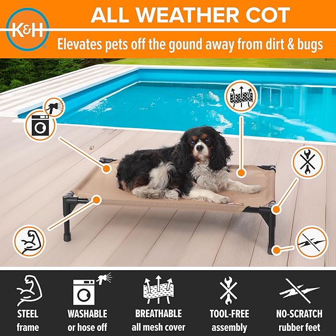K&H Outdoor Elevated Dog Bed - Cooling Raised Dog Bed for Small & Medium Pets, Breathable Mesh Hammock Design, Indoor/Outdoor Washable Cover, Portable Metal Frame, Tan, Medium 32x25in