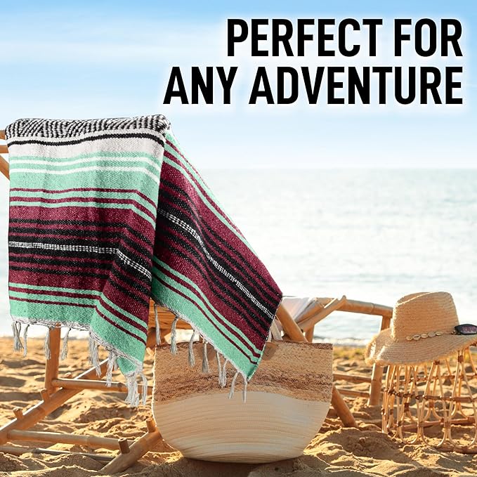 Hydration Nation Authentic Large Handwoven Mexican Blanket - Soft Yoga- Durable Serape- Lightweight Falsa, Beach, Camping, Picnic, Outdoor Blanket 70"x50" - Miami Vice
