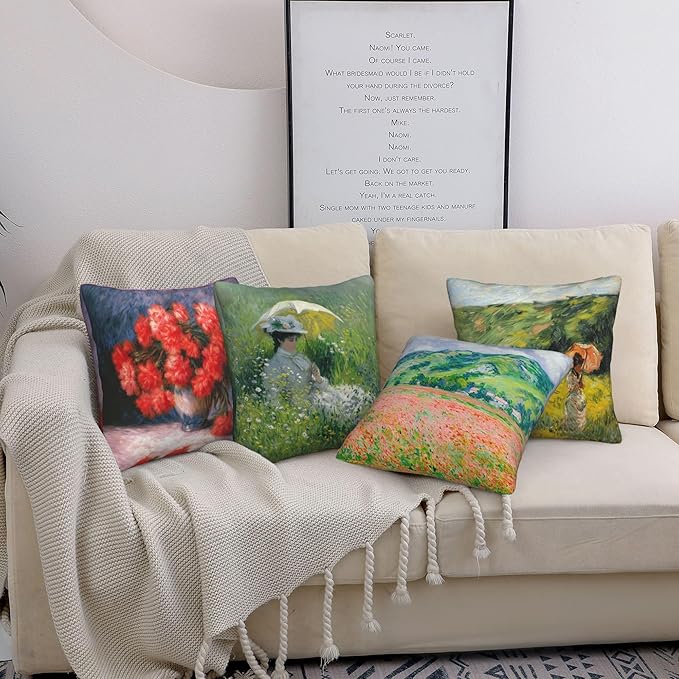 Monet Throw Pillow Covers 18 X 18 Inch Set of 4 Decorative Cushion Cover Home Decor for Sofa Chair Couch Bedroom Living Room