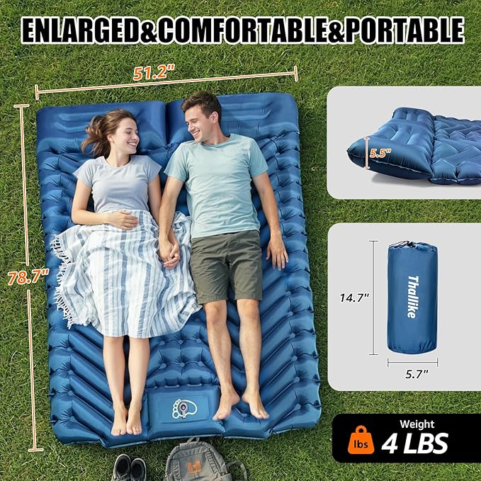 Double Sleeping Pad for Camping- 2 Person Camping Mattress with Pillow, Inflates in 60 Seconds Sleeping Pad with Pump-Electric/Foot Portable Air Pad for Backpacking, Hiking, Tent, Car Travel, Beach