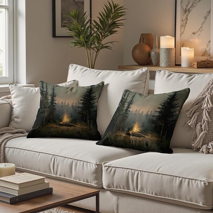 Vintage Forest Campfire Pillow Covers 18x18 Set of 2, Moody Pine Tree Camping Decor, Rustic Woodland Campsite Decorative Throw Pillow Covers for Home Bedroom Living Room,Camper Lover Gifts