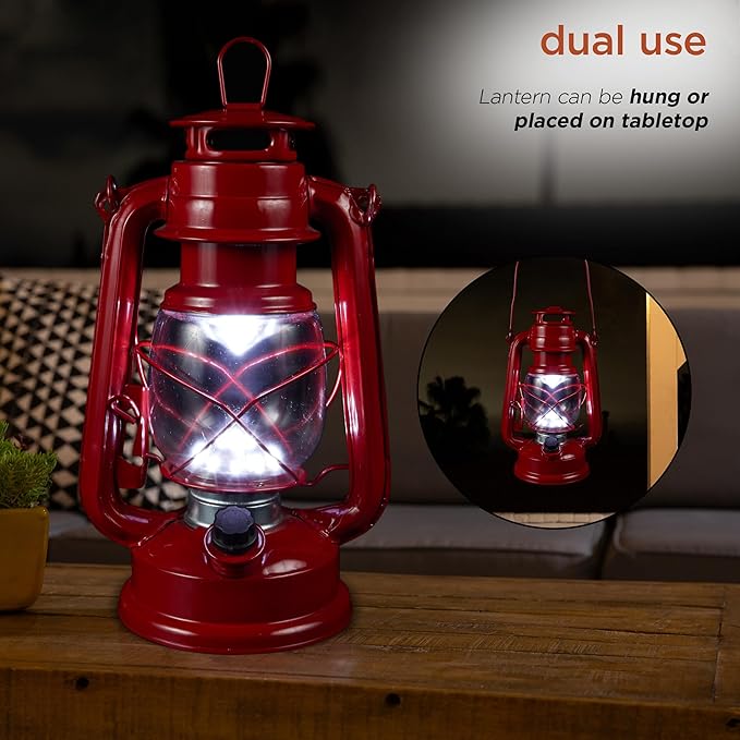 Alpine Corporation 10" H Indoor/Outdoor Metal and Glass Hurricane Lantern with Dimmable LED Lights, Red