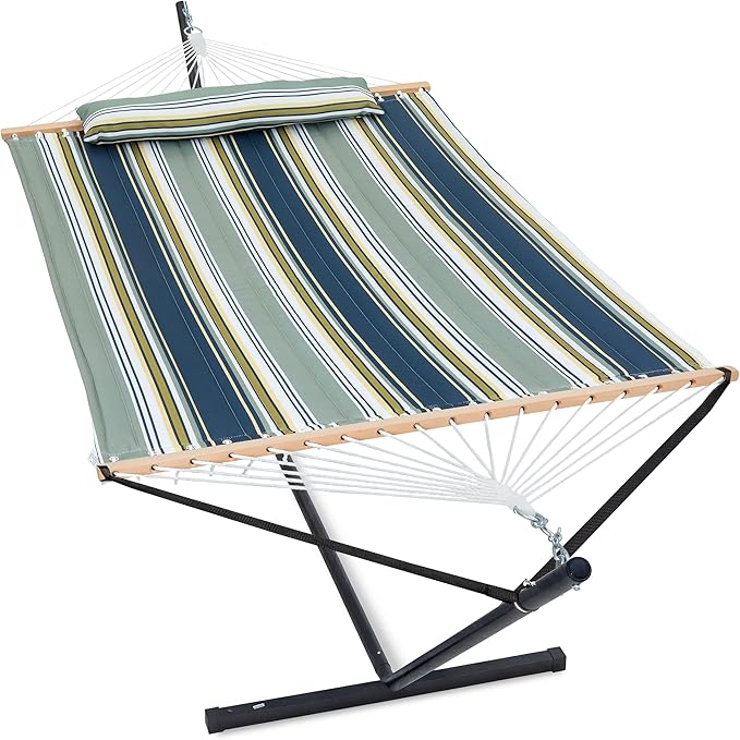 GAFETE 2 Person Hammock with Stand for Outside, Heavy Duty Steel Stand, Double 55inch Hammocks, Large Removable Pillow, Storage Bags, Max 475 lbs Capacity (Ridge Olive Green)